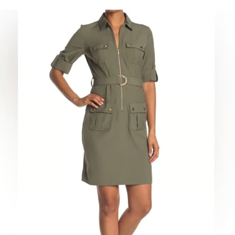 SHARAGANO | Dark Green Belted Shirt Dress | Sz 12